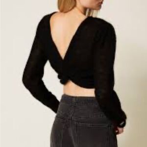 Francesca’s Miami black fuzzy eyelash knit knot backless sweater size Y14 NWT